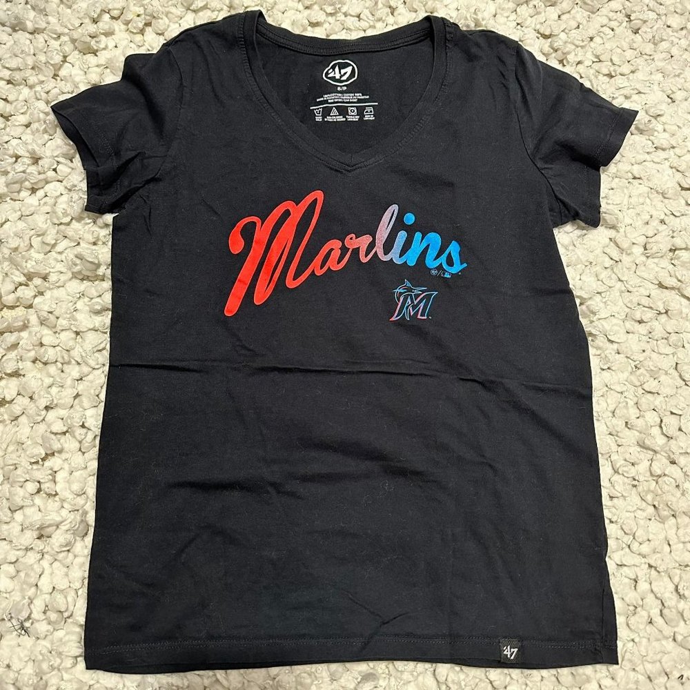 Womens Miami Marlins V-Neck '47 Brand Black T-Shirt Small